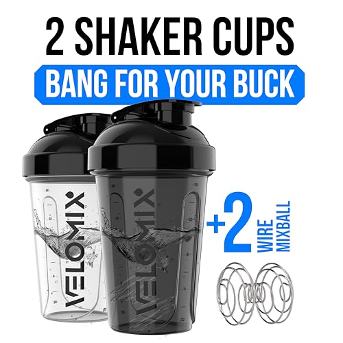 VELOMIX -2 PACK- 600ml Protein Shaker Bottle -2x Wire Mixball | Leak Proof Shaker For Protein Shakes | Stackable Protein Shake Bottle | Dishwasher Safe Gym Bottle (Black/Transparent) - Image 2