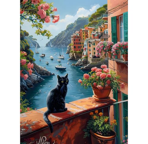 KEYIFA Pintar por Numeros Adultos, Gato Negro Paint by Number Kits con Pinceles y Pigmento Acrílico, DIY Pintura al óleo Colorear Lienzo Manualidades, Decoración del Hogar 30x40CM