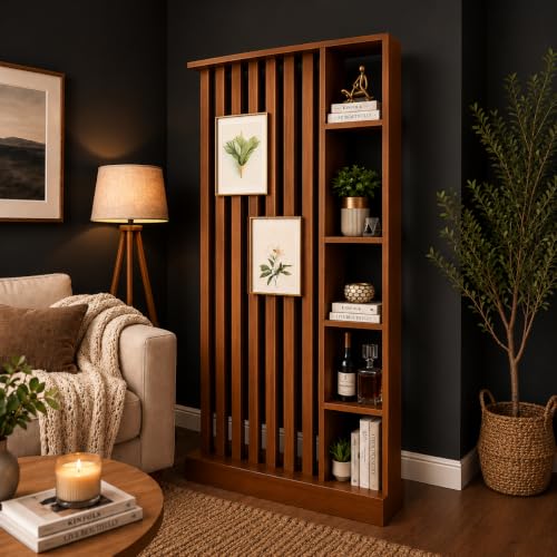 Image of Modern Wooden Room Divider with Storage Shelves | Partition for Living Room & Entryway | Decorative Display Rack with Vertical Slats ((96 x 48 x 6 Brown))