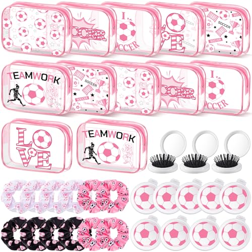 36 Pcs Pink Soccer Gifts for Girl 12 Pink Soccer Makeup Bag Bulk Cosmetic Bag Sport Team Gifts with 12 Sport Hair Scrunchies 12 Round Portable Folding Brush for Coach Team Soccer Party