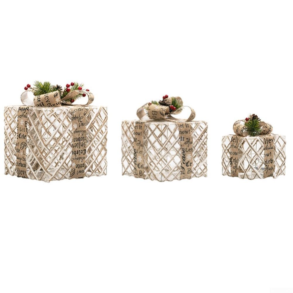 Scatole natalizie luminose in tre pezzi, con copertura in peluche e fiocco argentato per feste in casa e giardino (bianco curry)