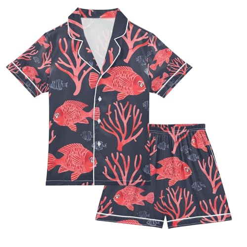 senya Red Fish Coral Satin Summer Pajama Sets Silk Short Sleeve Button Down Sleepwear