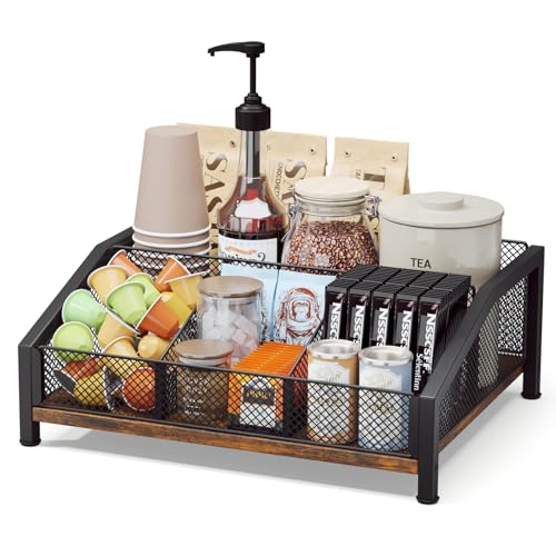 Homsorout Coffee Station Organizer - coffee bar Organizer with Removable Dividers for Pods Condiment Syrup Tea Cups Stirrers - Brown