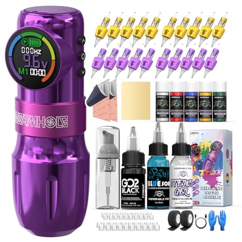 Wormhole Tattoo Gun Kit Wireless Tattoo Kit Tattoo Machine with Digital LED Display, 1,500 mAh Capacity Battery, Normal/Jump-Start/Dot Working Mode, 20Pcs Tattoo Needles Tattoo Pen Kit-Purple