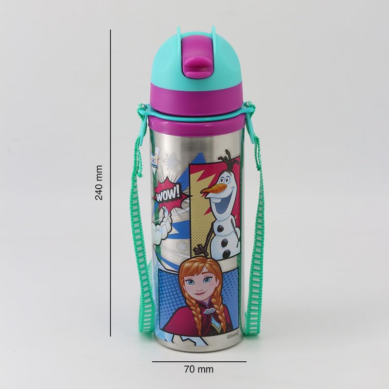 Image of SKi Homeware Sara Steel Water Bottle with Pop-up Starw and a sling strap, 650ML- Frozen