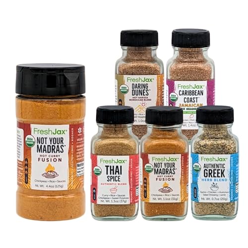FreshJax Not Your Madras Hot Curry Fusion and International Spices Gift Set Bundle | 5 Sampler Sized and 1 Large Bottle | Non GMO, Gluten Free, Keto, Paleo, No Preservative