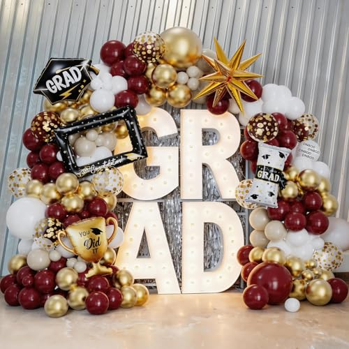 Image of 141Pcs Ruby Red Gold White Graduation Balloon Garland Arch Kit,with Explosion Star,Diploma,Trophy,Grad Hat,Photo Frame Foil Balloon for Congrats Class of 2026 Graduates Celebration Party Decoration