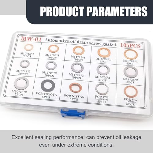 Image of 105 PCS Car Oil Drain Plug Copper Flat Washers Assortment Set, 15 Sizes Durable Oil Crush Washer Seals Kit, with Storage Box, Compatible with Nissan Volkswagen (Multicolored)
