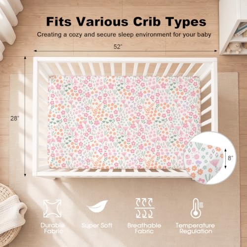 Image of Bimocosy Crib Sheets 4 Pack, Baby Crib Sheets Fitted for Boys and Girls Breathable & Snug Fit, Soft Toddler Bed Sheets for Standard Crib Mattress Nursery Daycare Essentials, Bows