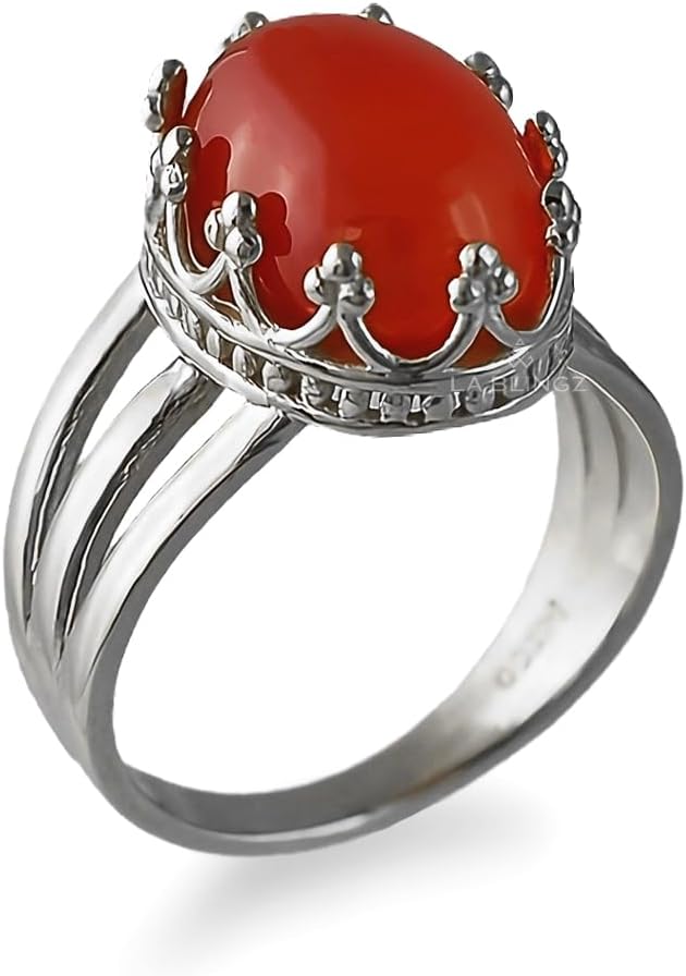 LA BLINGZ Sterling Silver Oval Crown Red Onyx Cabochon Tri-Band Gemstone Ring