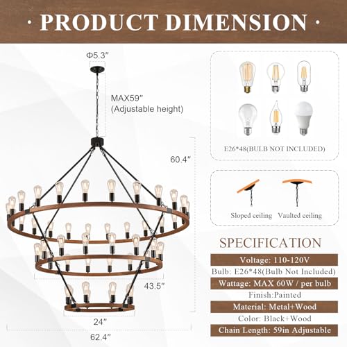 Image of Farmhouse Wooden Wagon Wheel Chandelier 48-Light 63 inch Light Fixture