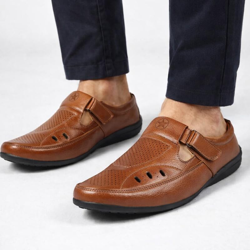 Image of FAUSTO Men's Back Open Perforated Breathable Casual Sandal With Cushioned Footbed|Adujstable Strap Stitched Slip On Sandal For Work|Evening