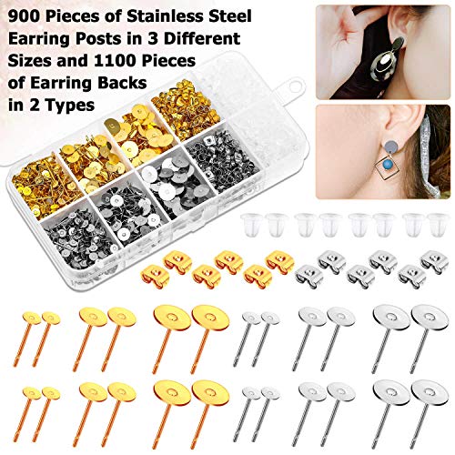Hypoallergenic Earring Posts And Backs, Caffox 2000Pcs Stud Earring Making Kit With Earring Base And Earring Backs For Leather Stud, Clay, Pearl Jewelry Making (Gold & Silver) #TOP3