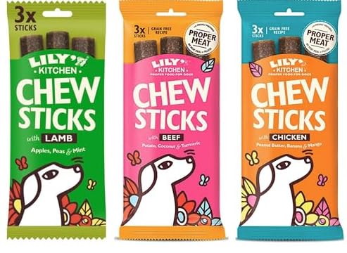 Lilys Kitchen Dog Treats, Chew Sticks Bundle, Grain Free Natural, Dental Dog Treats, Chicken, Lamb, Beef - Pack of 3x120g (Total of 9 Chews)