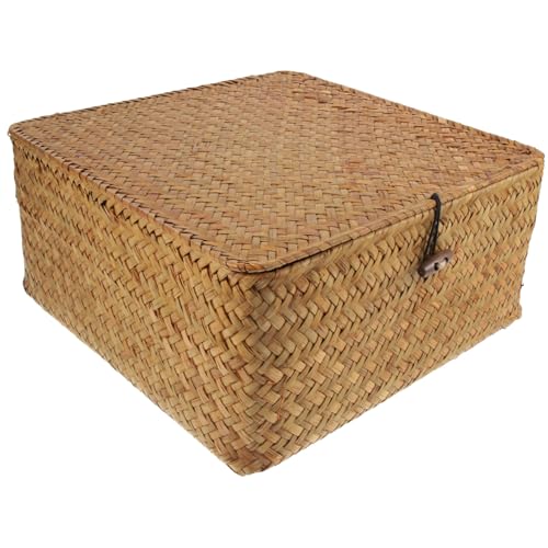 OKUMEYR Cesta Organizadora de Paja Natural con Tapa Caja Cuadrada de Almacenamiento Multifuncional para Escritorio y Hogar Cesta Decorativa para Ropa Juguetes y Cosméticos