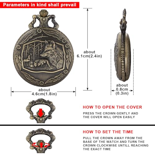 Image of Tiong Vintage Pocket Watch Engraved Cowboy Skull Wolf 3D Pattern Arabic Numerals Quartz Pocket Watch with Chain Best Gifts