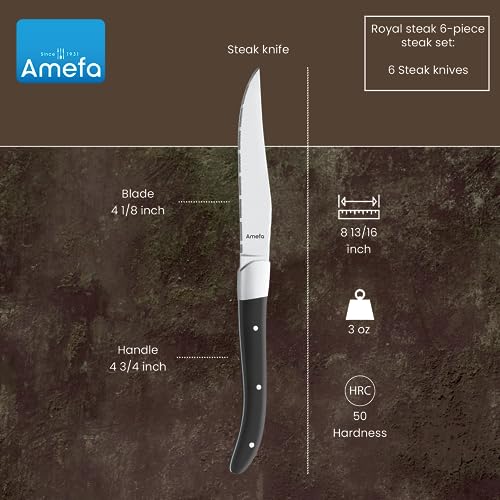 Amefa-Royal-Steak-Knives-Set-of-6-Premium-Hardened-Stainless-Steel-Triple-Rivet-Black-Ergonomic-Handle-Design-Serrated-Edge-4-Inch-Blade-Steak-Knife-Dishwasher-Safe Amefa Royal Steak Knives Set of 6 Premium Hardened Stainless Steel Triple Rivet Black Ergonomic Handle Design Serrated Edge 4 Inch Blade Steak Knife Dishwasher Safe