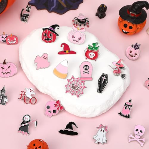 Image of SANNIX 60Pcs Pink Halloween Enamel Pins, Ghost Pumpkin Bat Skull Brooch Pins Bulk Pastel Black Pink Halloween Accessories Set for Backpacks Jackets Spooky Girls Party Favors