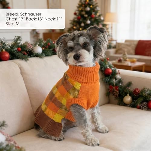 Image of Dog Sweater Dress Plaid Knitwear for Small Medium Dogs Warm Puppy Pet Turtleneck Stretch Pullover Cute Fall Winter Vest Clothes with Leash Hole for Christmas (Orange, XS)