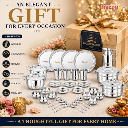 Image of Pigeon Stainless Steel Sparkle Dinner Set 35pcs|Heavy-Duty & Rust-Proo,|Food-Grade, BPA-Free, Elegant & Durable Tableware,Ideal for Home, Kitchen & Dining,Dishwasher Safe,Deal for Gifiting Purpose
