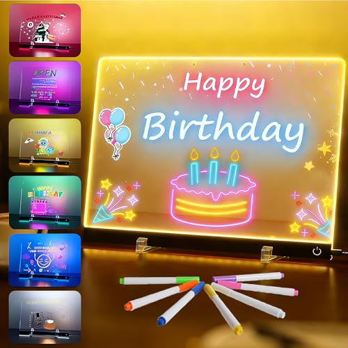 KBIBCK LED Notiztafel mit Farben, 30x20CM Acryl Notiztafel LED mit 7 Farben Stift,Leuchtende LEDs Zeichenbrett für Kinder, Nachrichtentafel mit LEDs,Acryl Transparente Maltafel für Zuhause Büro Schule