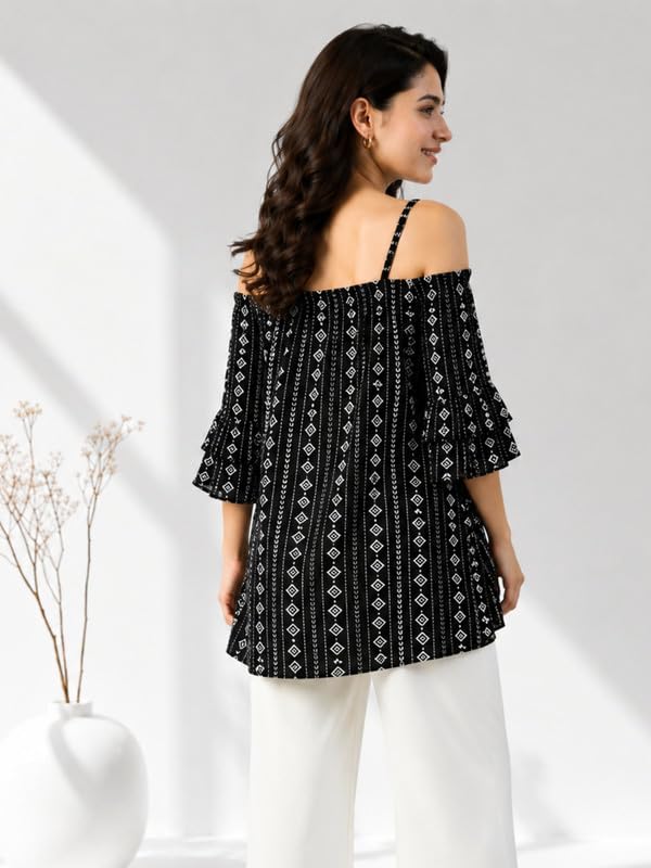 Image of oxolloxo Women Viscose Casual Tops | Relaxed Fit Tropical Printed Shoulder Straps |Tops for Women |Black