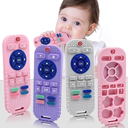 SensorischesBeißring Spielzeug für Babys, Silikon-Fernbedienung Zahnungshilfe Spielzeug für Neugeborene Babys 3 6 12 18 Monate Jungen Mädchen Ostern Baby Dusche Geschenke, Grau&Lila