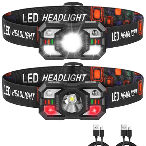 Headlamp Rechargeable, LED Headlamp with Red Light, 2Pack Headlamps for Adults, Head Lamps LED Rechargeable, Headlight Motion Sensor, Head Lights for Forehead Hardhat Running Hunting Camping