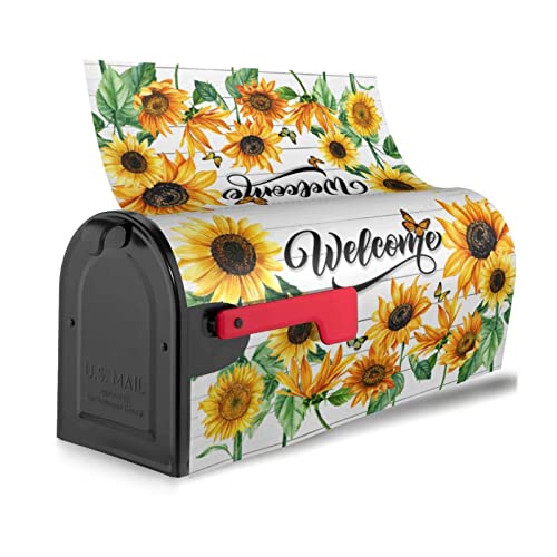 Sunflowers Welcome Mailbox Cover Standard Size 18X21 Inch Vintage Flowers Mailbox Cover White Wood Magnetic Mailbox Covers Post Wraps Letter Box Cover For Home Garden Yard Decor #TOP3
