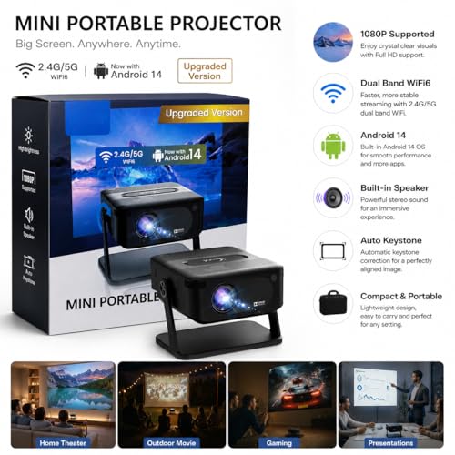 Image of Mini Portable Projector with 4K Support, Android 14, WiFi 6, Bluetooth, Full HD Support, for Movies, Gaming and Outdoor Use