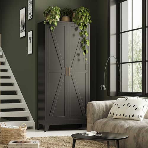Image of Bevivog 71 inch Kitchen Pantry Cabinet, Metal Storage Cabinet with 2 Doors and 4 Adjustable Shelves, Farmhouse Black Metal Pantry Cabinets Storage for Kitchen, Home Office,Garage, Laundry Room