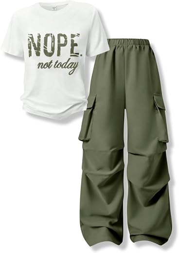Voxikidio Girls Clothes Little Girl Outfits Letter Print Short Sleeve Tops &amp; Cargo Pants 2PCS Girls Clothing 7-16 Years