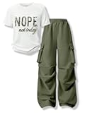 Voxikidio Girls Clothes Little Girl Outfits Letter Print Short Sleeve Tops & Cargo Pants 2PCS Girls Clothing 7-16 Years