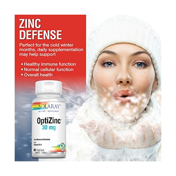 Solaray-OptiZinc-30mg-Supports-Immune-Endocrine-Systems-Cellular-Health-wMethionine-B-6-60-VegCaps Solaray OptiZinc 30mg Immune Support Supplement, Chelated Zinc Capsules, Endocrine Systems and Cellular Health Support, with Methionine, Vitamin B6 and NO Copper, 60-Day Guarantee, 60 Serv, 60 VegCaps