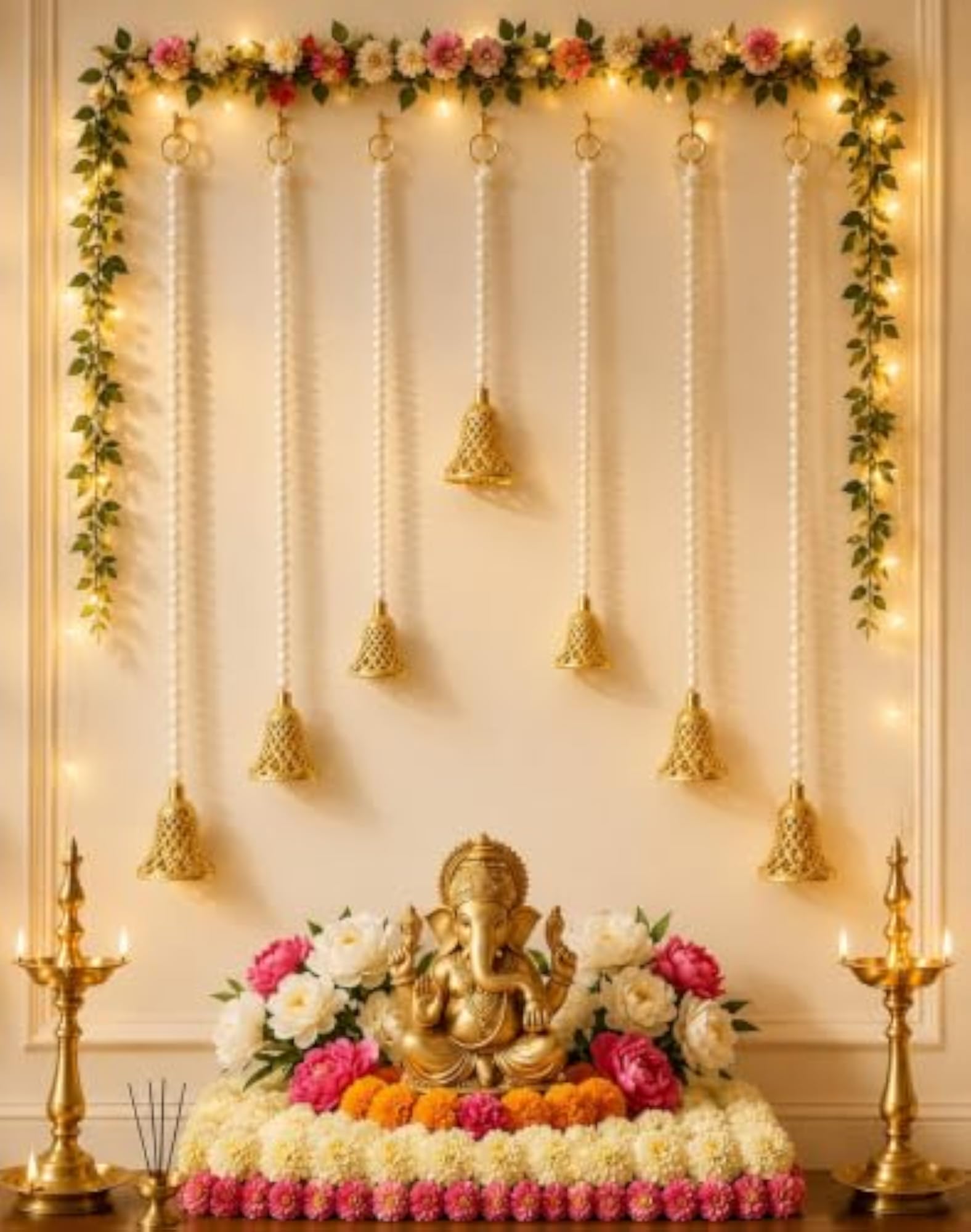 Handmade White Beads Golden Bell Latkan for Home Decoration
