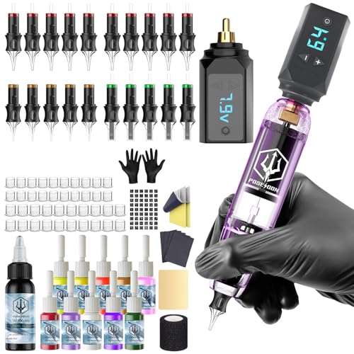 POSEIDON Professionelles Akku Rotary Tätowiermaschinen-Set für Anfänger | Mit Tattoo-Stift, 20 Kartuschennadeln, 11 Farben Tintenset & 2 Akkus | Komplettes Starter-Kit (HM119-2)