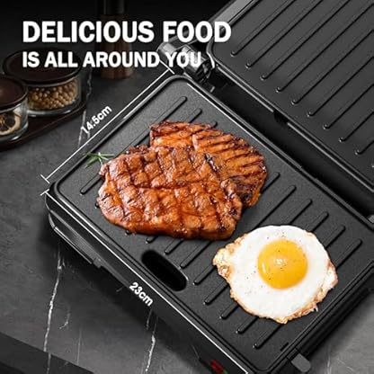 KEINVE Kontaktgrill für Sandwiches, Steak, Panini Grill und Sandwichmaker mit Antihaftbeschichtet, 850W, 23 x 14,5cm, 180º Öffnung, Leicht zu Reinigen. – Bild 5