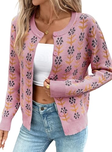 Sidefeel Women's Open Front Cardigan Sweaters Long Sleeve Button Down Floral Sweater