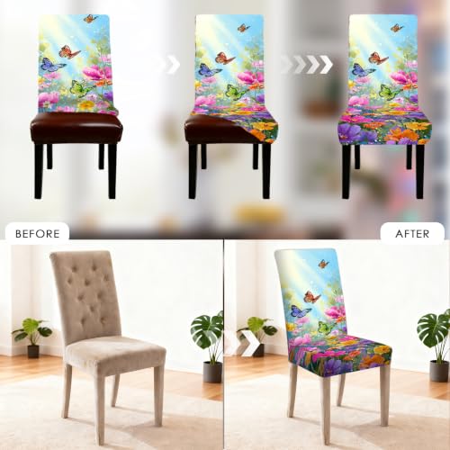Image of Nuxovilar 6PCS Floral Butterfly Print Milk Silk Seat Covers | Stretch Slipcover Floral Protector Butterfly Wrap Seat Guard Dining Room Spring Gathering Kitchen (Spring Flower)