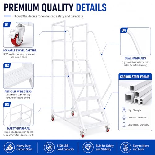 Image of 6-Step Rolling Warehouse Step Ladder, Lockable Wheels, Non-Slip Wide Steps, Dual Handrails, Movable Platform Ladder, Rolling Stairs for Warehouse, Supermarket, Library (White, 6 Steps)