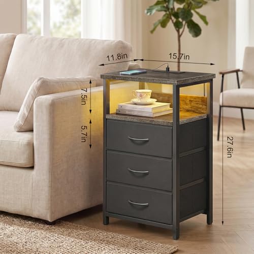 Image of Fixwal Night Stand with Charging Station, LED Nightstand with U-S-B Ports and Outlets, 3 Fabric Storage Drawers with PU Finish, Bed Side Table, Charcoal Gray