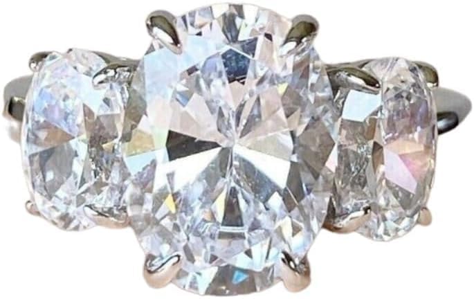 Drizzle Jewels 3Ct Oval Cut Lab Created Diamond 3 Stone Engagement Ring, 925 Sterling Silver, 14K White Gold Finish