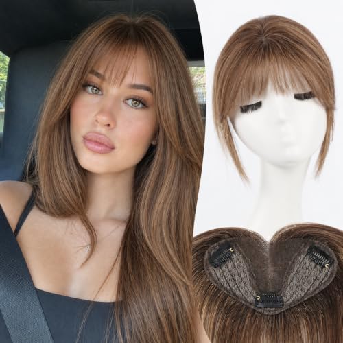 Human Hair Toppers for Women 8 Inch Real Human Hair Topper with Bangs,5"x3" Upgrade SilkHug Swiss Base Gray Root Coverage &amp; Thinning Hair（Balayage Brown with Highlights T4/4/BC#）