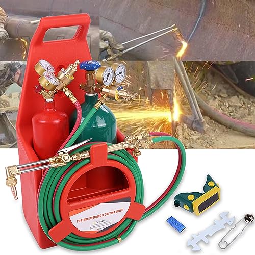 Oxyacetylene Welding and Cutting Torch Kit With Oxygen Acetylene Tanks, Long Pipe Brass Nozzle - Red