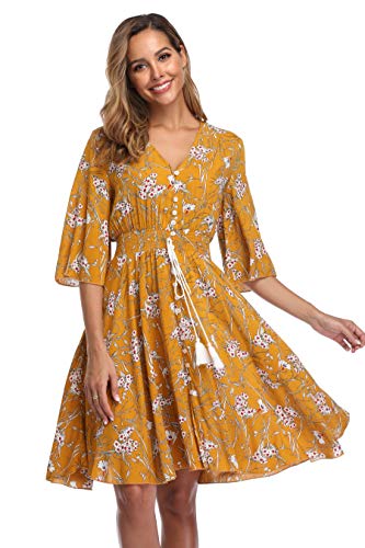 Image of VintageClothing Women's Floral Sundresses Flowy Boho Summer Beach Dress | Lightweight Breathable material,Elegant V Neck and Button Front Design,Flared Bell Sleeve Cut,Mini Casual dress