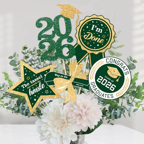 Image of kockuu Glitter Green Gold Graduation Decorations for Class of 2026-60pcs Green Gold Double Sided Graduation Table Centerpieces Sticks with LED String Lights for College High School Grad Party Decor