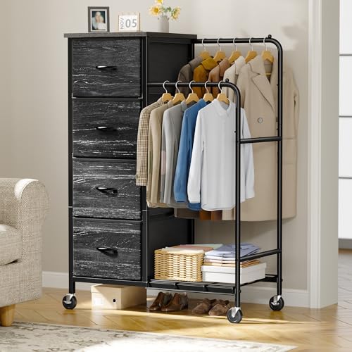 Romorgniz 4 Fabric Dresser with Double Rack and Wheels Modern Bedroom Black