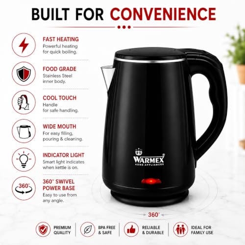 Image of Warmex 1.6 Ltr Premium Double Wall Electric Digital Kettle | 1500 Watts, Touch Sensitive Panel, Cool Touch Feature, Auto Shut-off, 2 Year Warranty