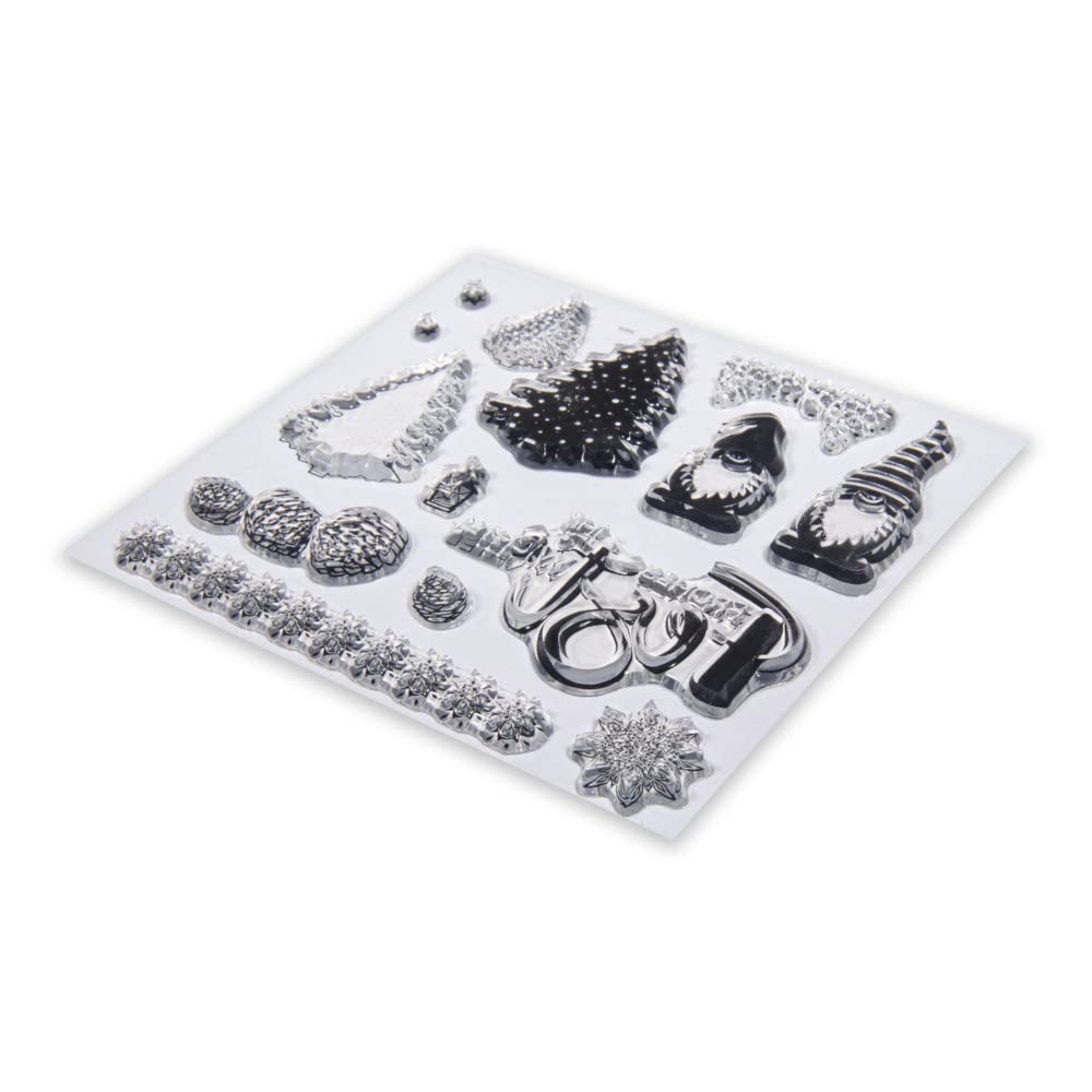 Rayher Set of 14 Clear Silicone Stamps with Christmas Gnome Design for Cardmaking and Crafting, Assorted Winter Themed Designs and Seasonal Sentiment, 102.5x97mm, 50254000