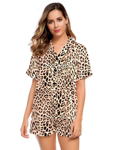 Image of LecGee Womens Silk Satin Pajamas Short Sleeve Loungewear Two-Piece Sleepwear Button-Down Pj Set Brown Leopard Small